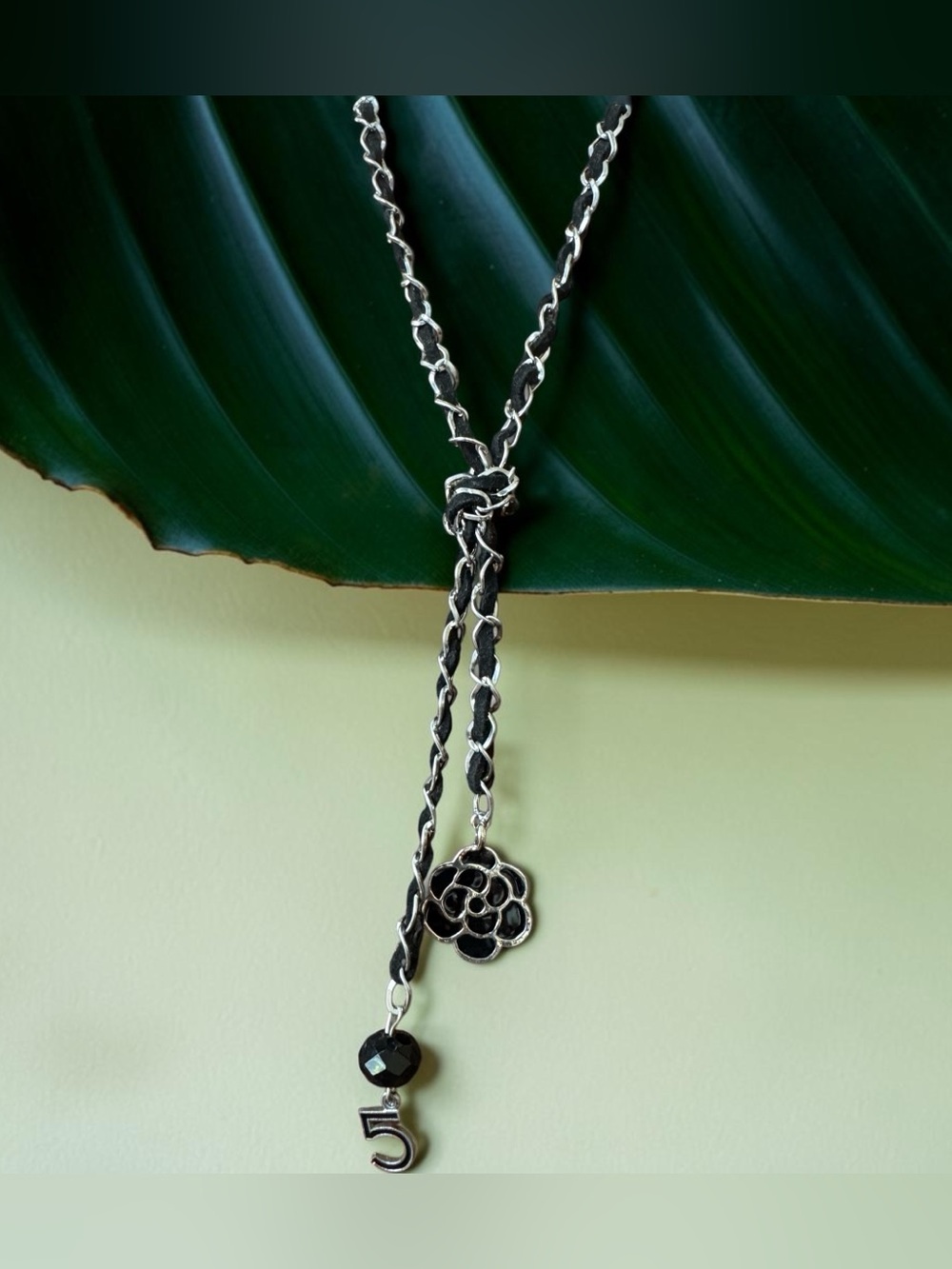 Lucky #5 Black Lariat Charm Necklace - SKU S